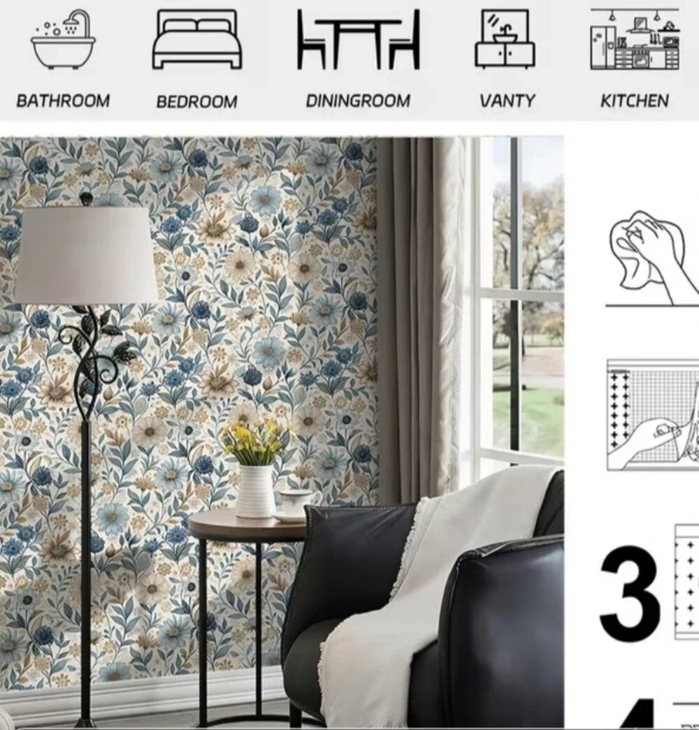 New 2 Rolls of Floral Blue and Beige Peel-and-Stick Wallpaper #1467-1565
